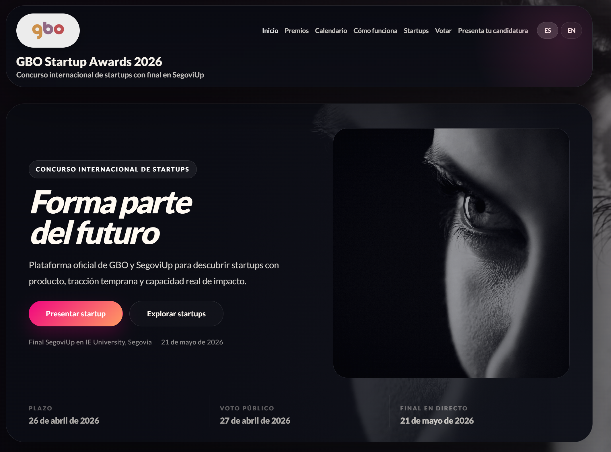 Captura de la landing de GBO Startup Awards